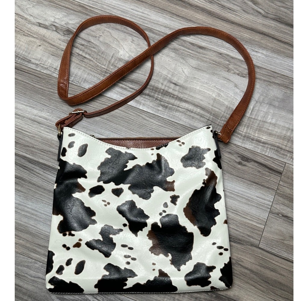 Cow Print Crossbody Bag Faux Leather Black White Western Animal Pattern Brown